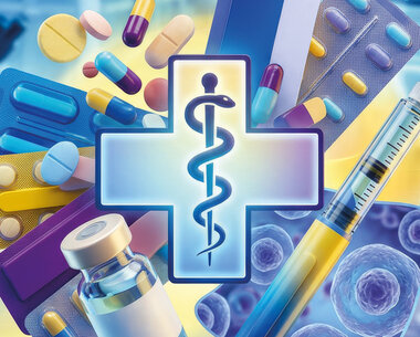 EffectenSpiegel-ThemaderWoche-PharmaSplash-Asklepiosstab-vor-einem-hellblauen-Sanitaeter-Kreuz-mit-verschiedenen-Medikamenten-im-Hintergrund