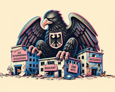 Effecten-Spiegel-Thema-der-Woche-Bundesadler-im-Comicdesign-auf-maroden-Gebaeuden