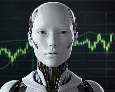 Effecten-Spiegel-Thema-der-Woche-Humanoider-Roboter-vor-einem-Boersenchart