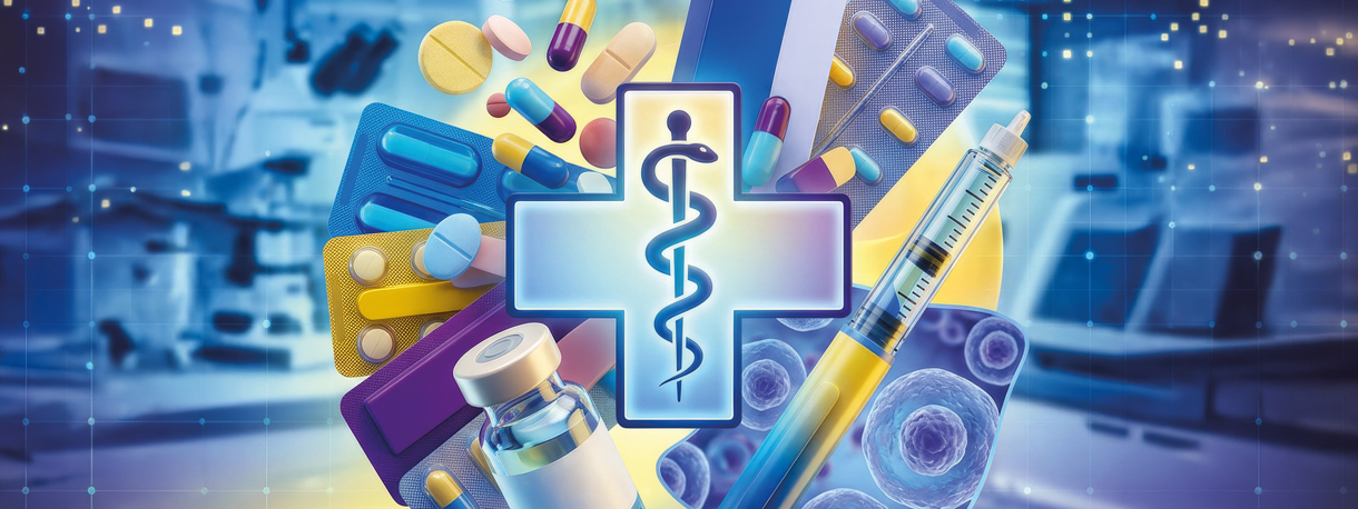 EffectenSpiegel-ThemaderWoche-PharmaSplash-Asklepiosstab-vor-einem-hellblauen-Sanitaeter-Kreuz-mit-verschiedenen-Medikamenten-im-Hintergrund