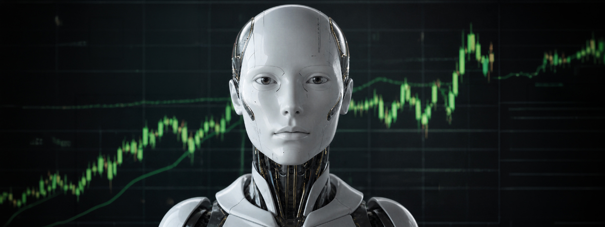 Effecten-Spiegel-Thema-der-Woche-Humanoider-Roboter-vor-einem-Boersenchart